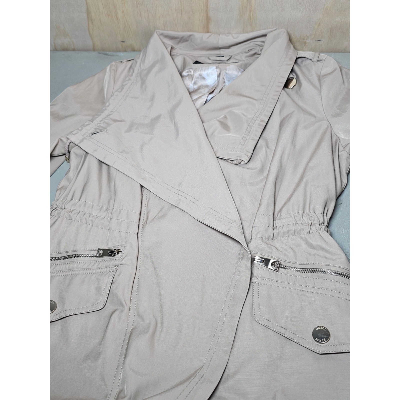 GUESS Los Angeles Womens Tan Draped Trench Jacket Drawstring Waist Beige Coat
