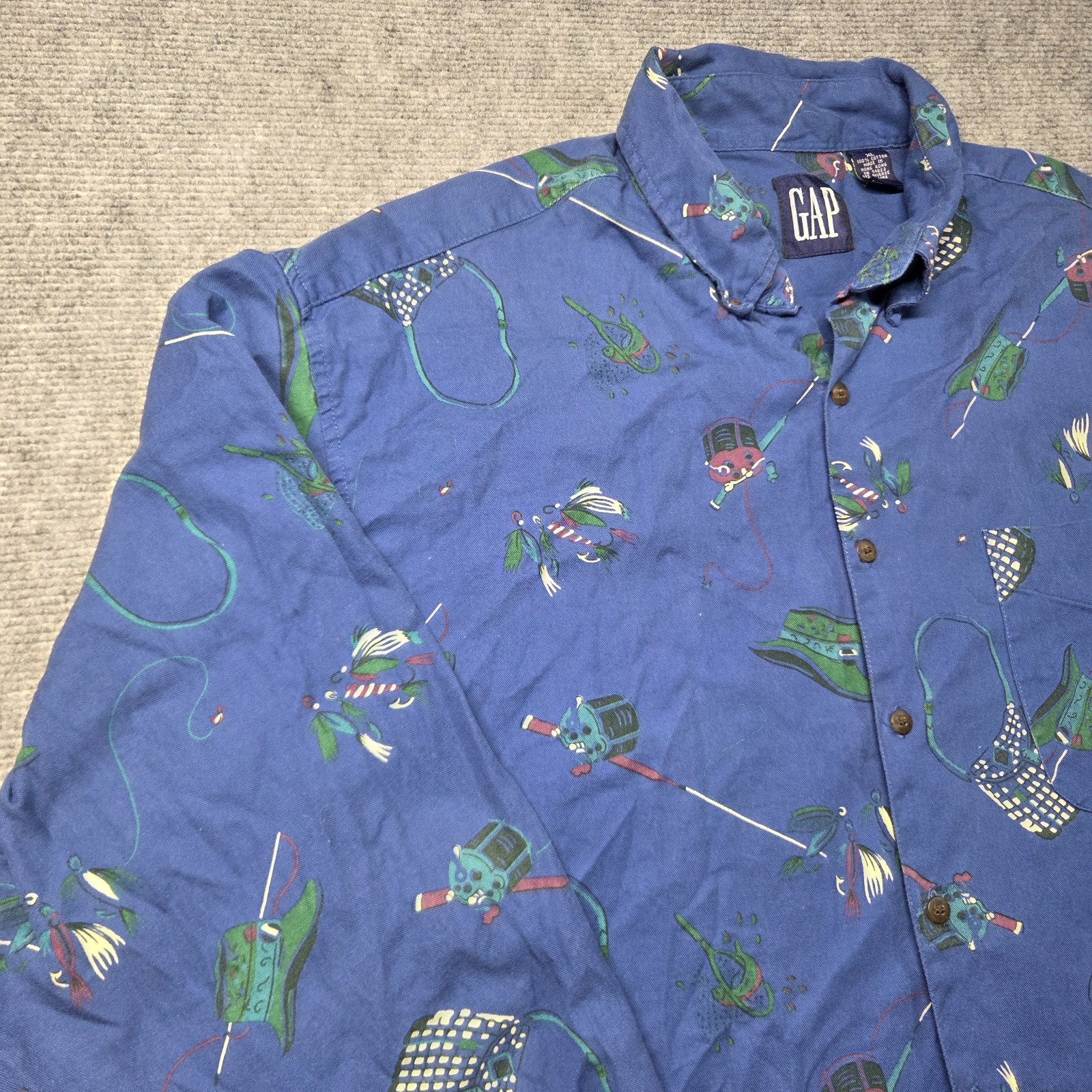 Vintage GAP Fishing Fisherman Print Button Down Mens Shirt Rod Reel Tackle Sz XL
