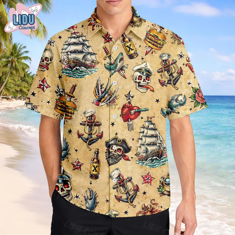 Nautical Pirate Tattoo Hawaiian Shirt
