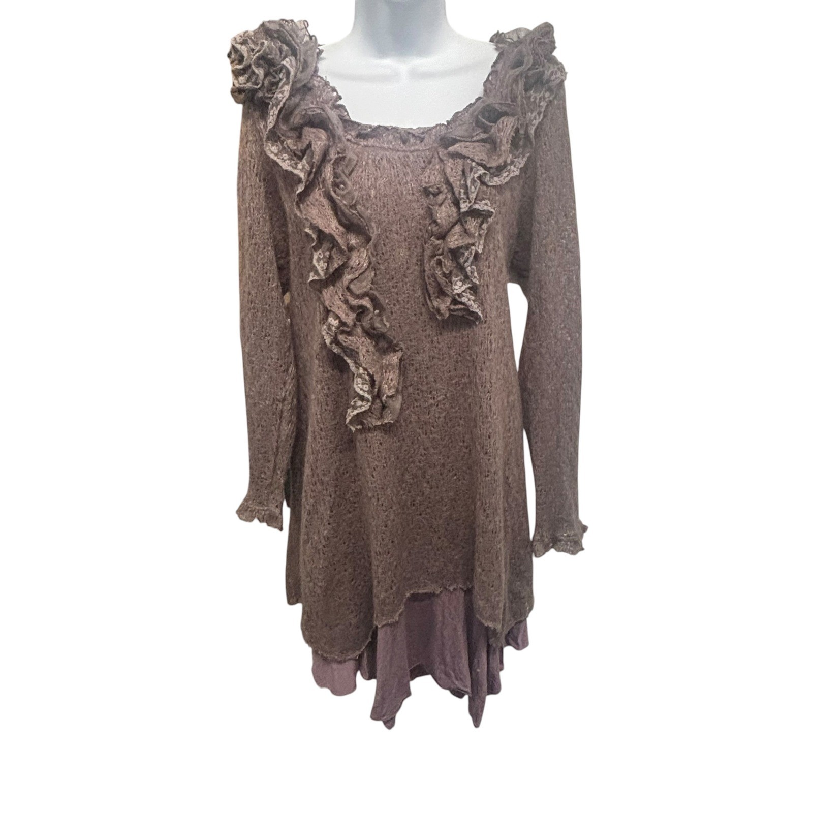 Pretty Angel Mauve Layered Ruffle Rosette Knit Tunic Dress XL Boho Lagenlook