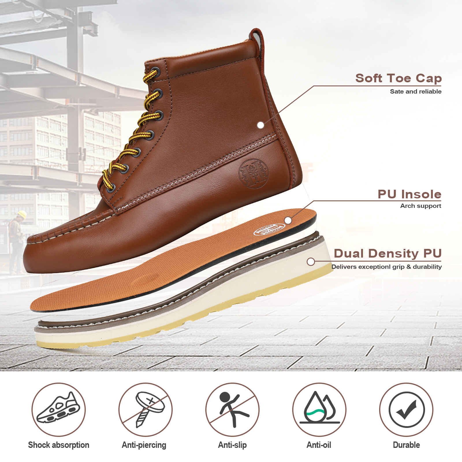 H84994 Men’s 6″ Soft Toe Leather Slip Resistant Durable Breathable Work Boots