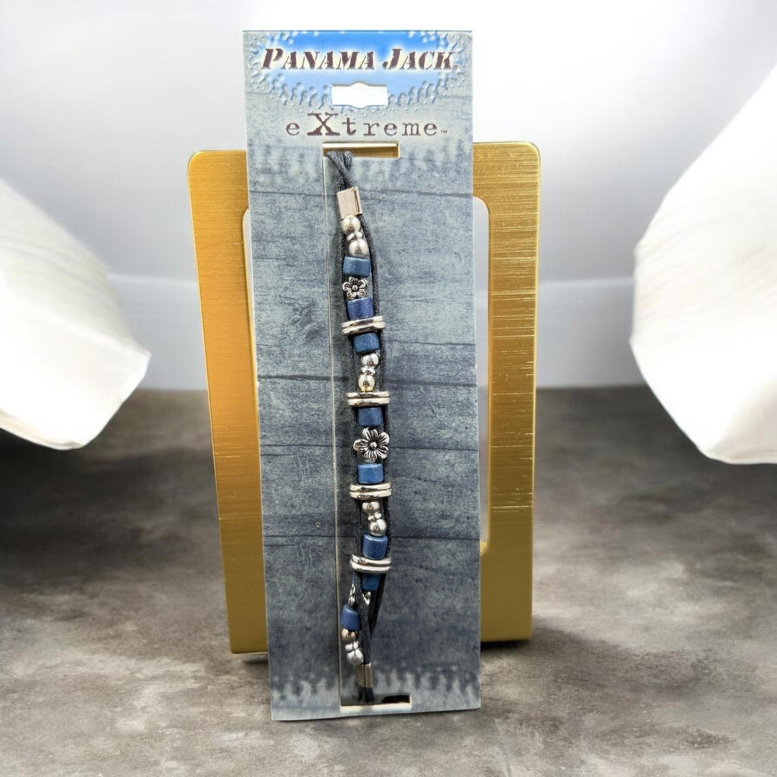 Panama Jack Bracelet Blue Beaded Leather Boho Coastal Surf Style Beach Jewelry