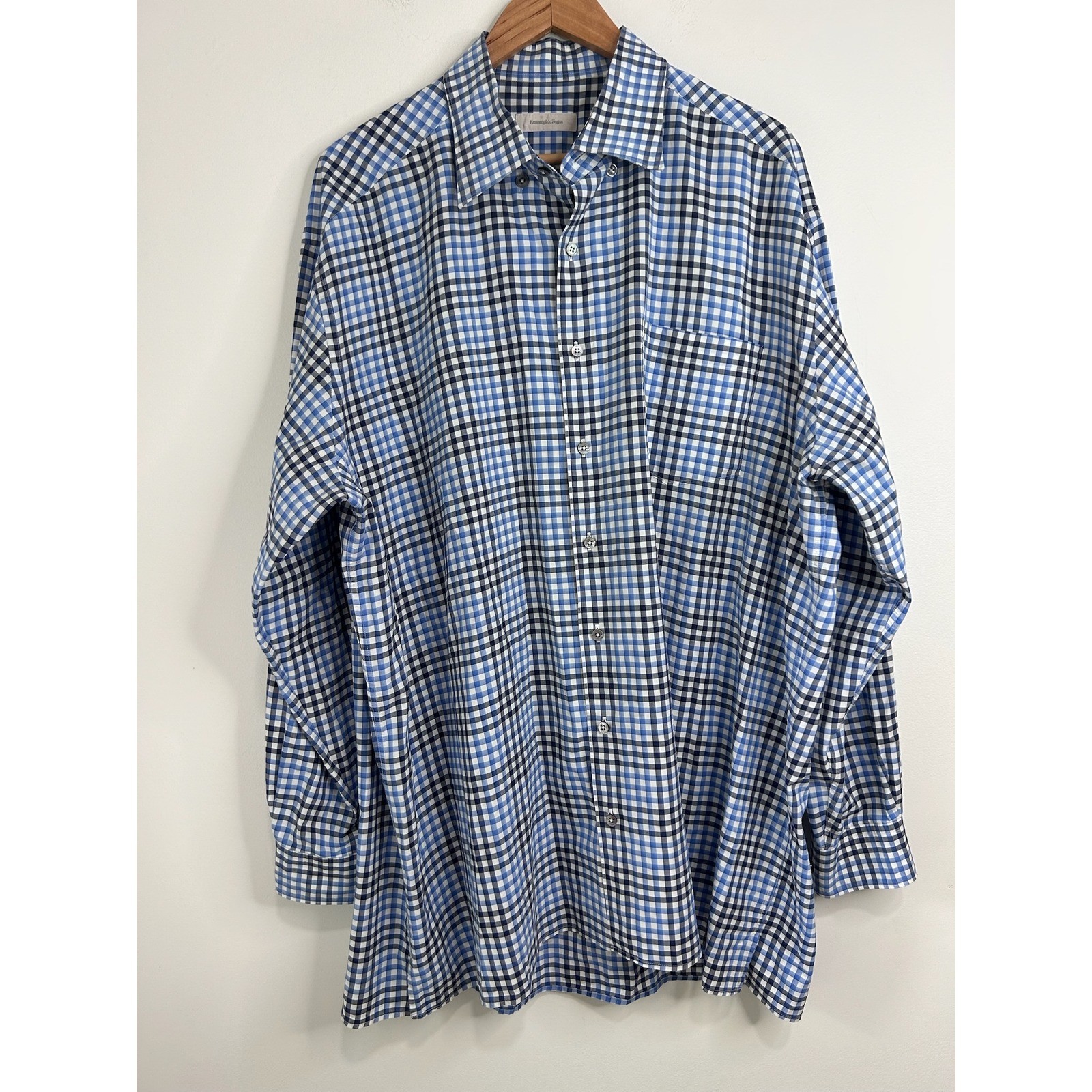 Ermenegildo Zegna Mens 2XB Blue Gingham Check Cotton Button Down Shirt