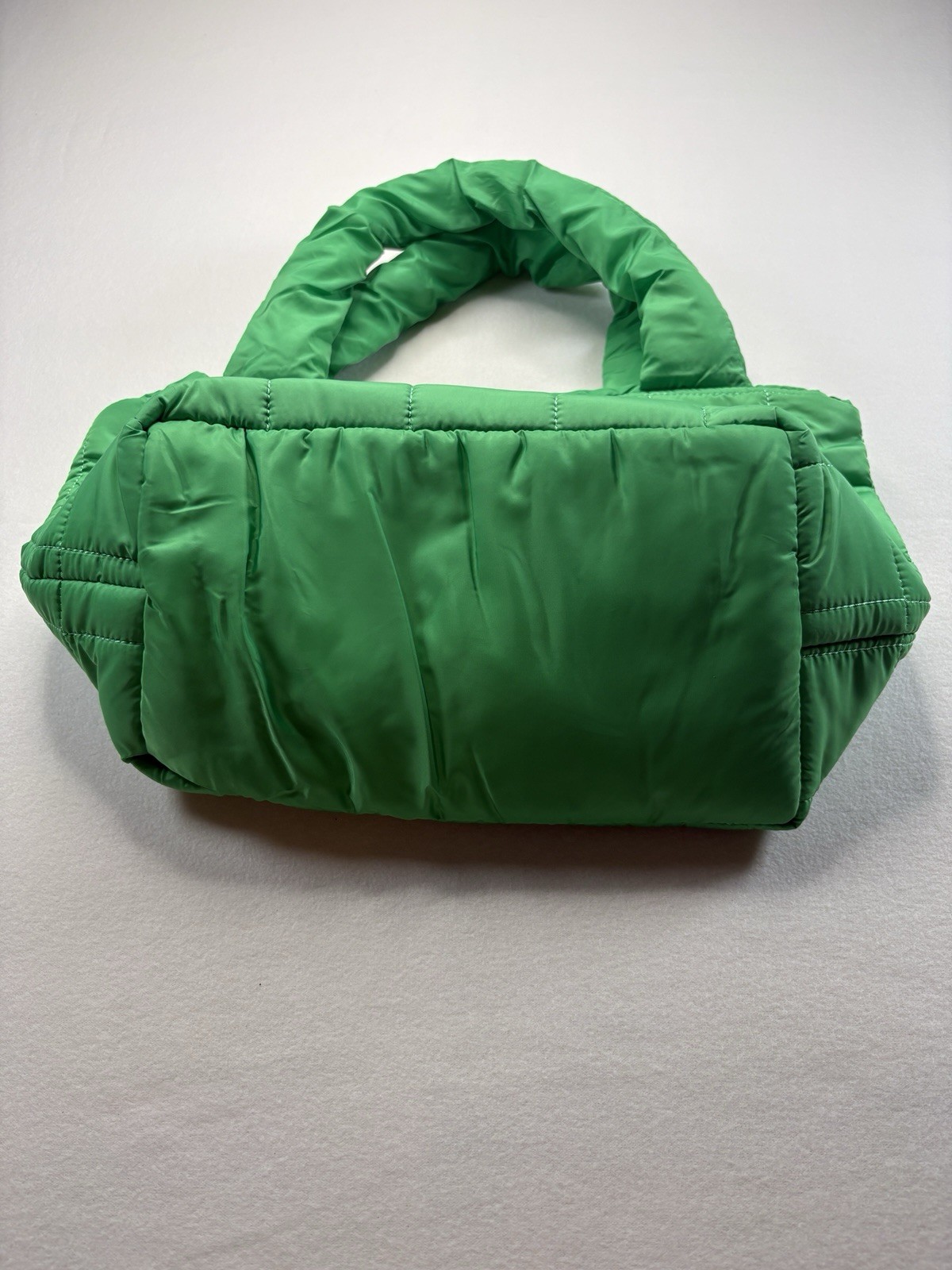 Green Quilted Puffer Shoulder Bag, Top Handle, Zip Closure, Detachable Strap