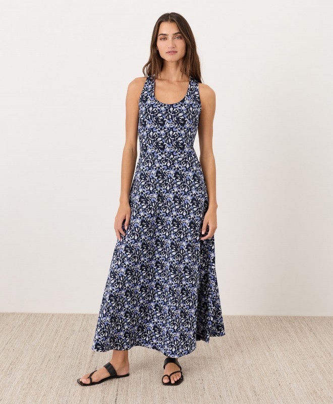 PACT Organic Fit & Flare Open Back Maxi Dress Paradise Petals Navy Blue