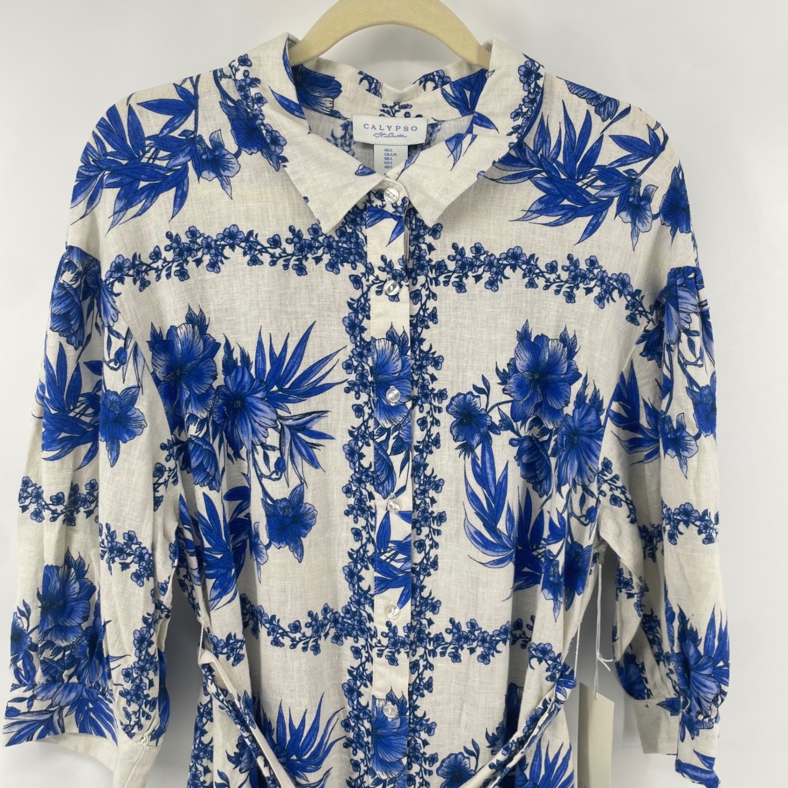 Calypso St Barth Shirt Dress Womens L Blue Floral Linen Tiered Belted Mini NWT