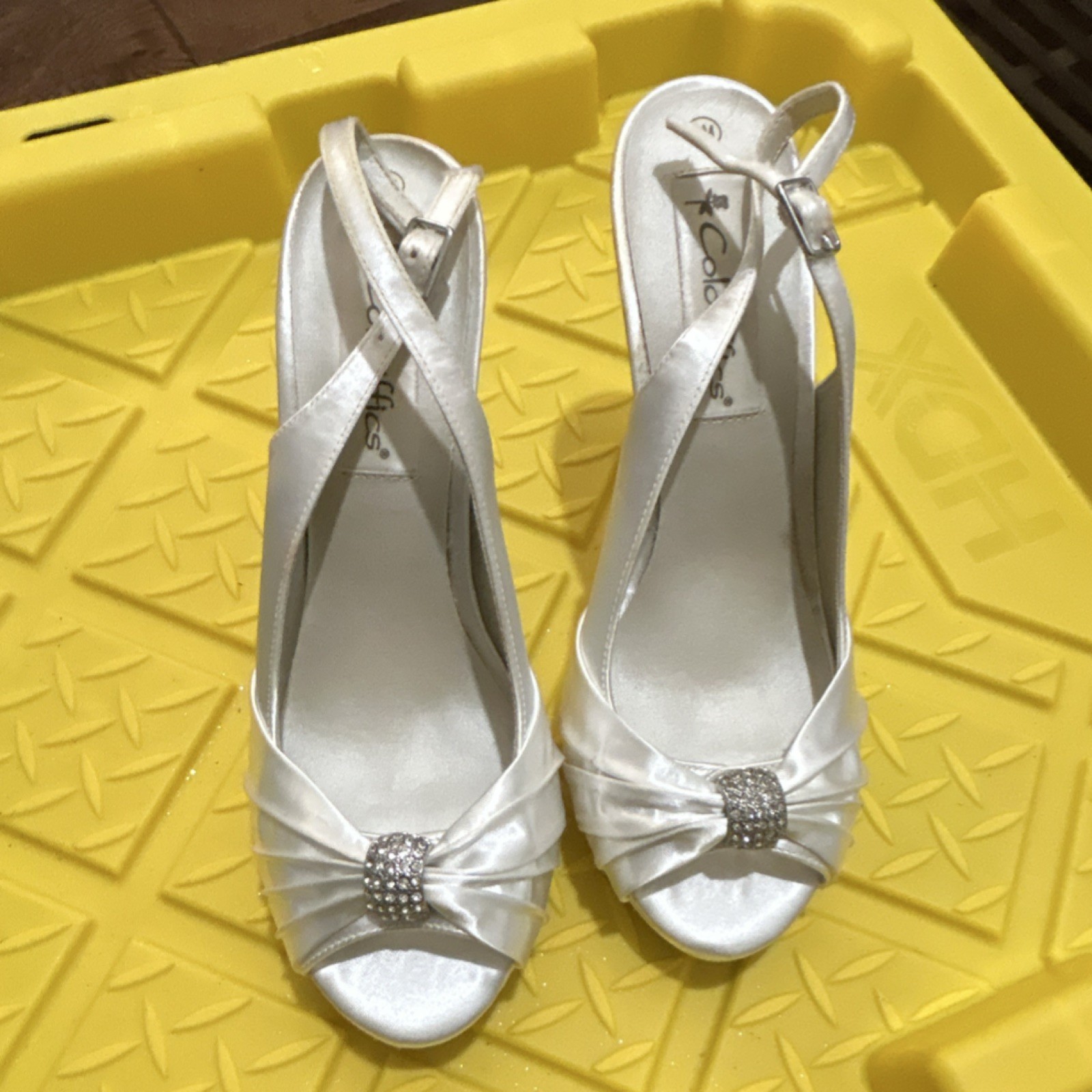 Coloriffics White Satin Open Toe Bridal Shoes High Heel 3 in. and Up
