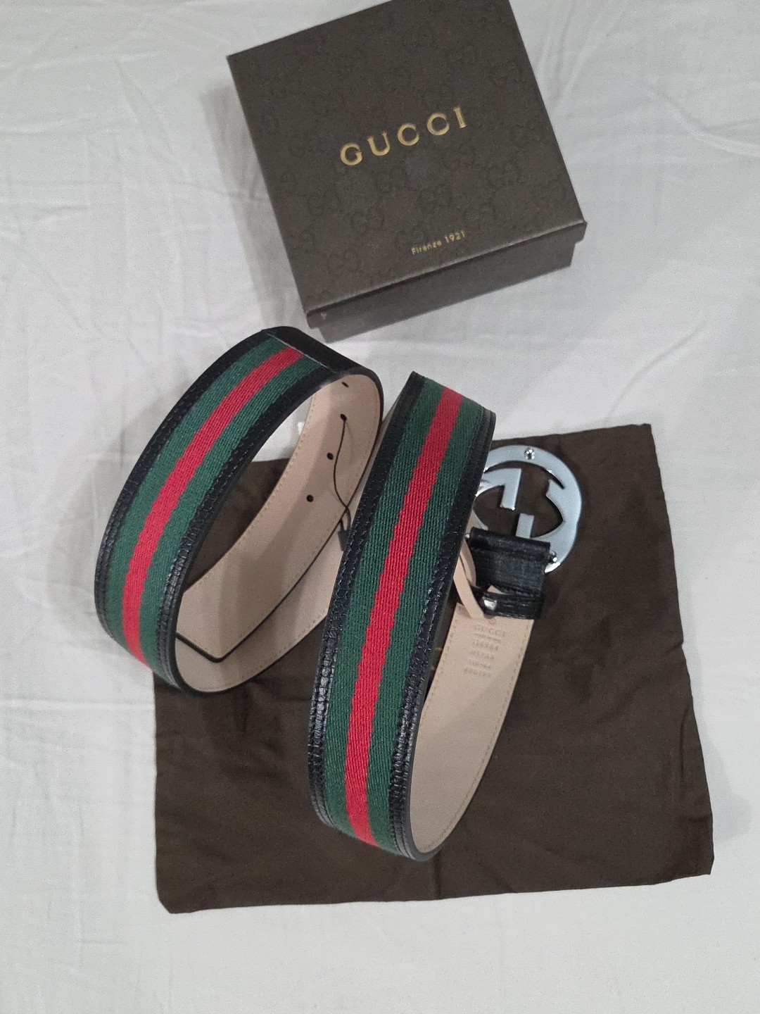 Gucci Black Green Red Striped Belt Size 38-40 IT 110CM Silver Buckle