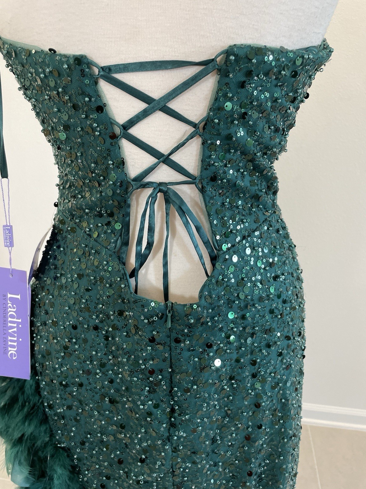 Ladivine by Cinderella Divine CD229 Emerald Sequin Feather Strapless Mermaid Go…