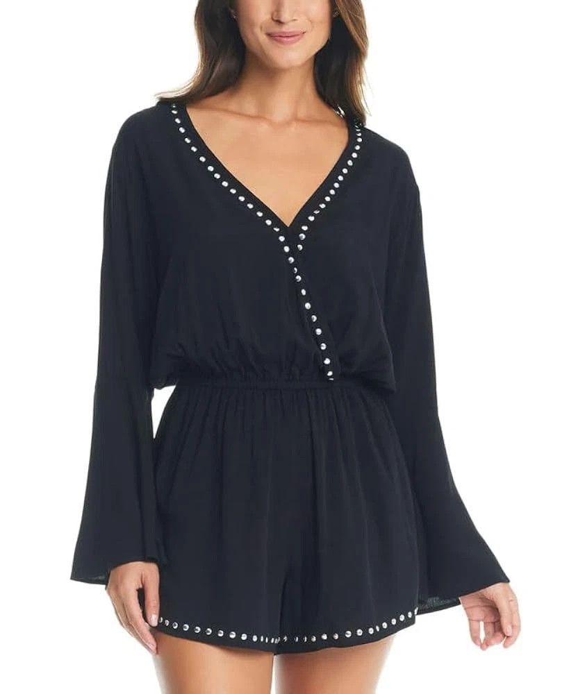 Bar III Black Studded Surplice Romper Women’s Long Sleeve 100% Rayon Size XSmall