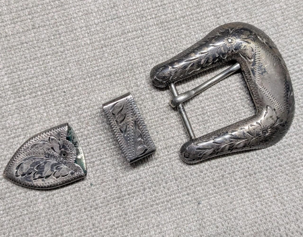 vintage STERLING SILVER belt buckle set 3PC cowboy WESTERN antique ENGRAVED