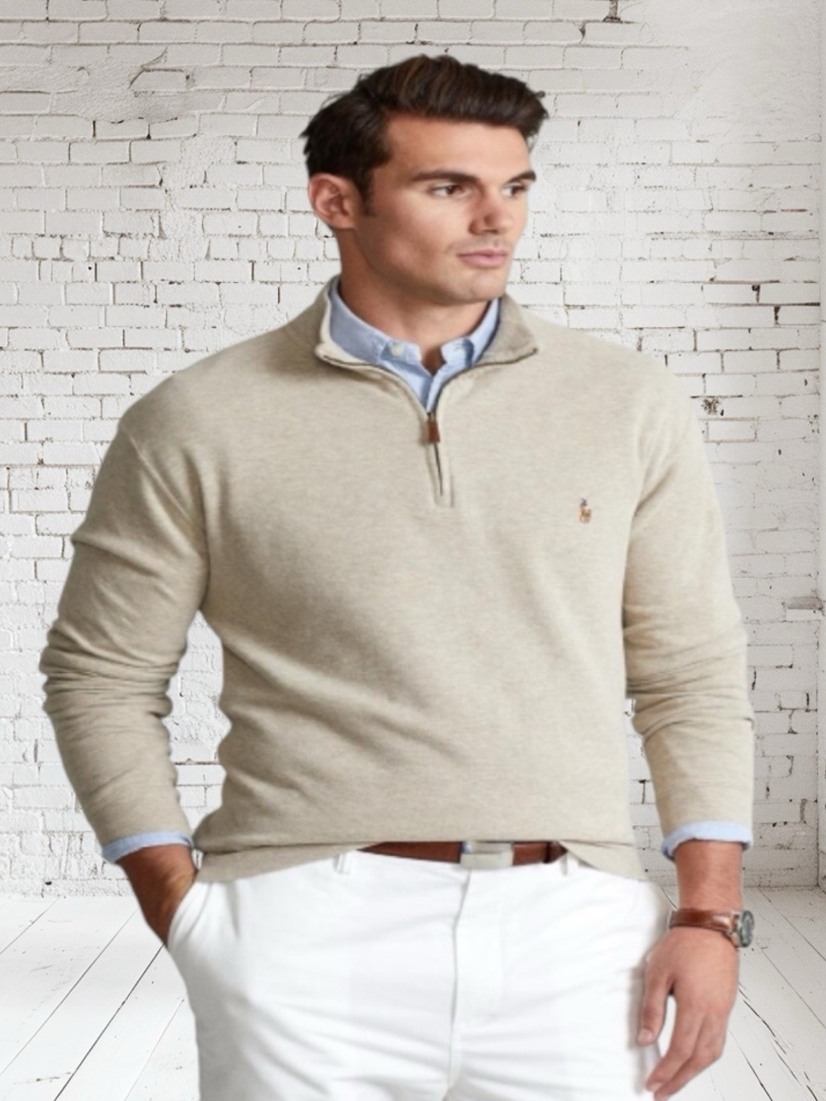 POLO RALPH LAUREN ESTATE RIB OATMEAL IVORY PULLOVER ZIP HENLY M’S XL