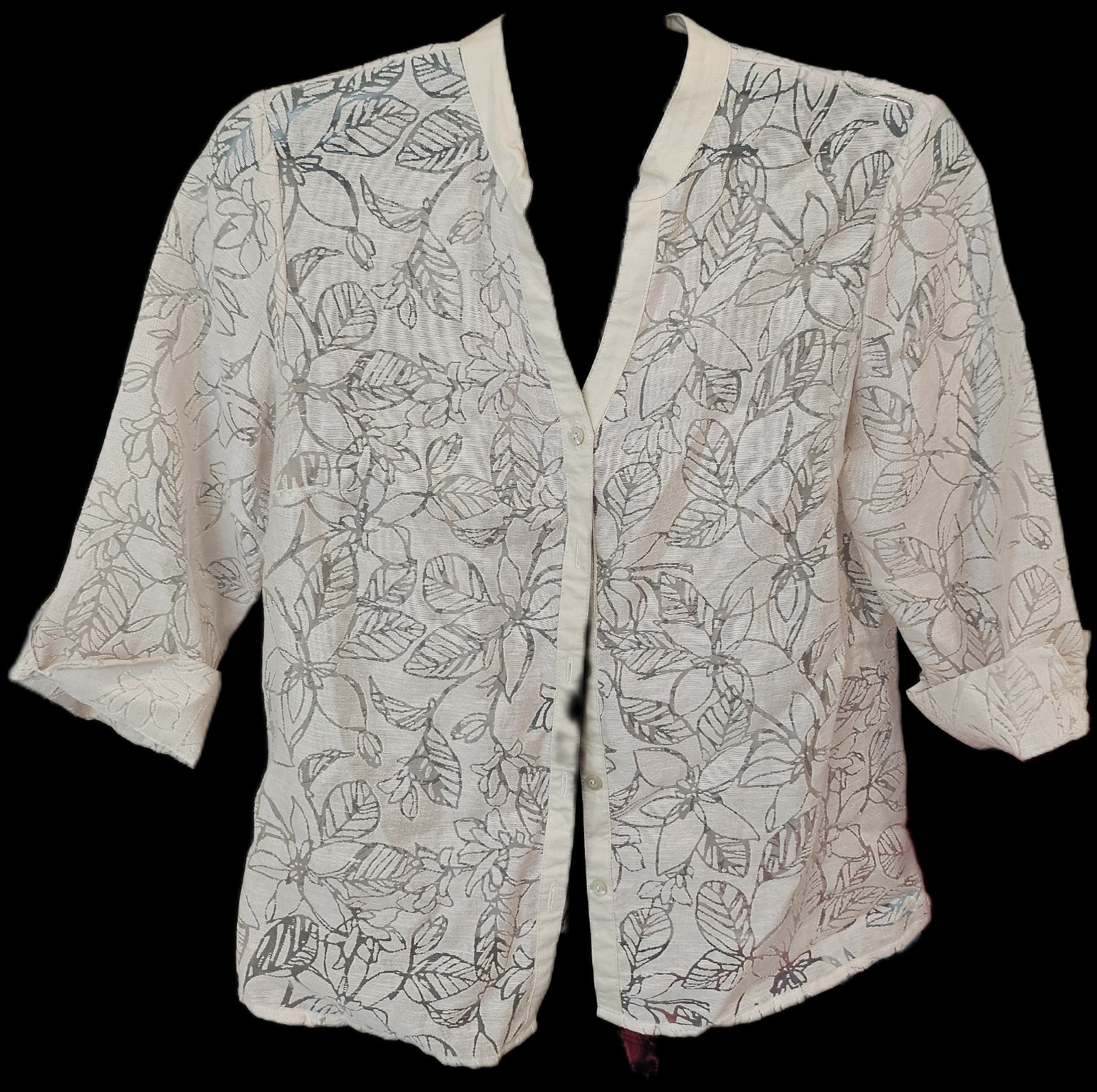 Covington Sheer Floral Button Front Blouse M Boho Artsy Linen Look Rayon Nylon