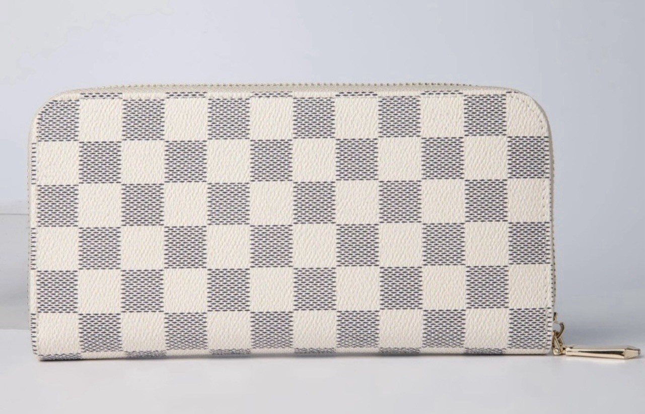 Cream Off White/ Grey Checkered Zip Wallet Clutch Wristlet Coin Card Cash Purse