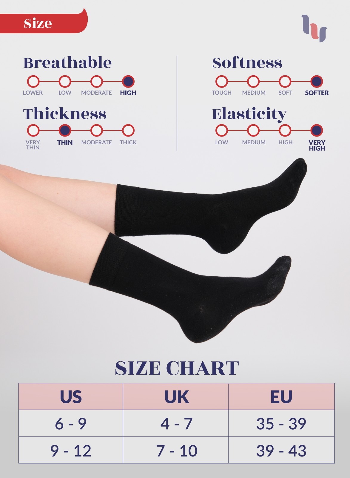 Womens Crew Bamboo Dress Socks, Business Trouser Casual, 6 Pairs, by Hugh Ugoli