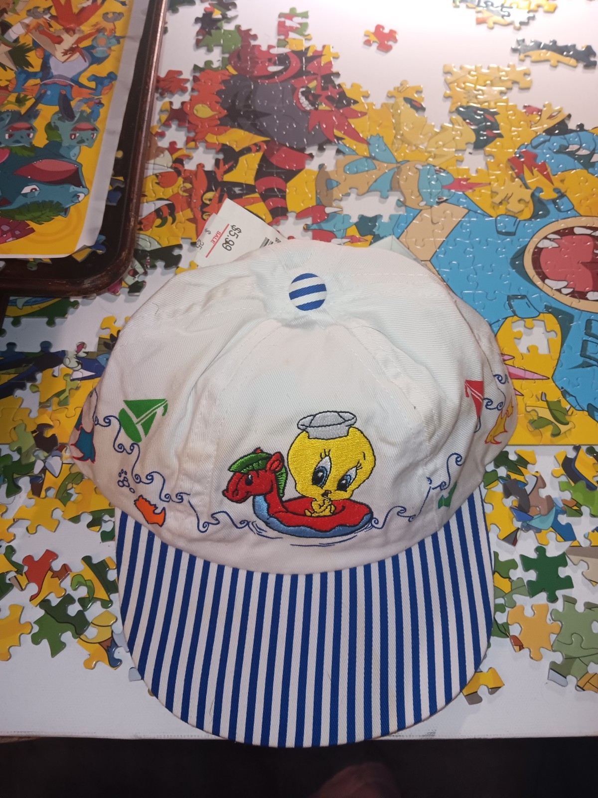 Aquilla Tweety Cartoon Baseball Cap Adjustable One Size White/Blue Striped