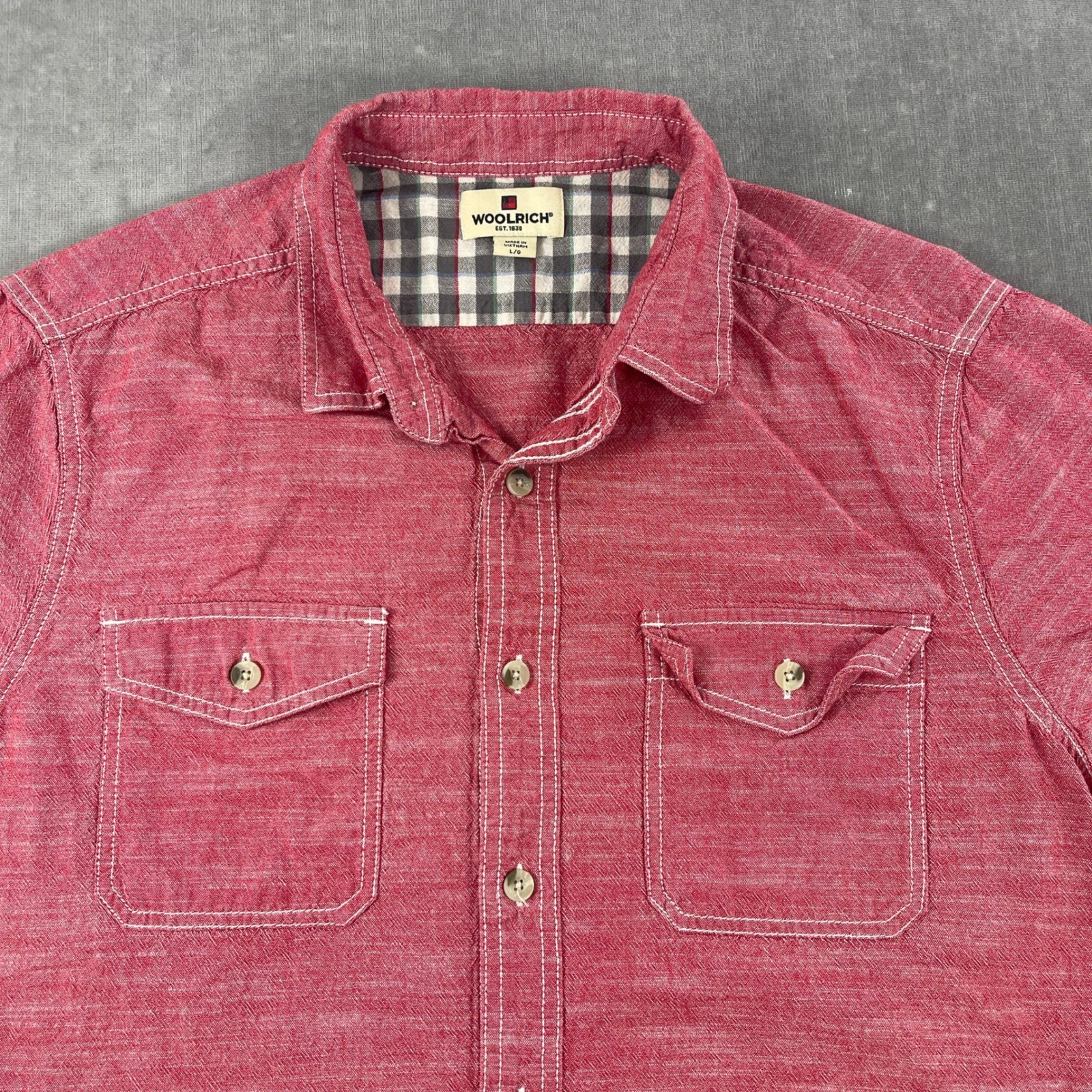 Woolrich Mens Large Red Short Sleeve Button Down Slub Cotton Shirt
