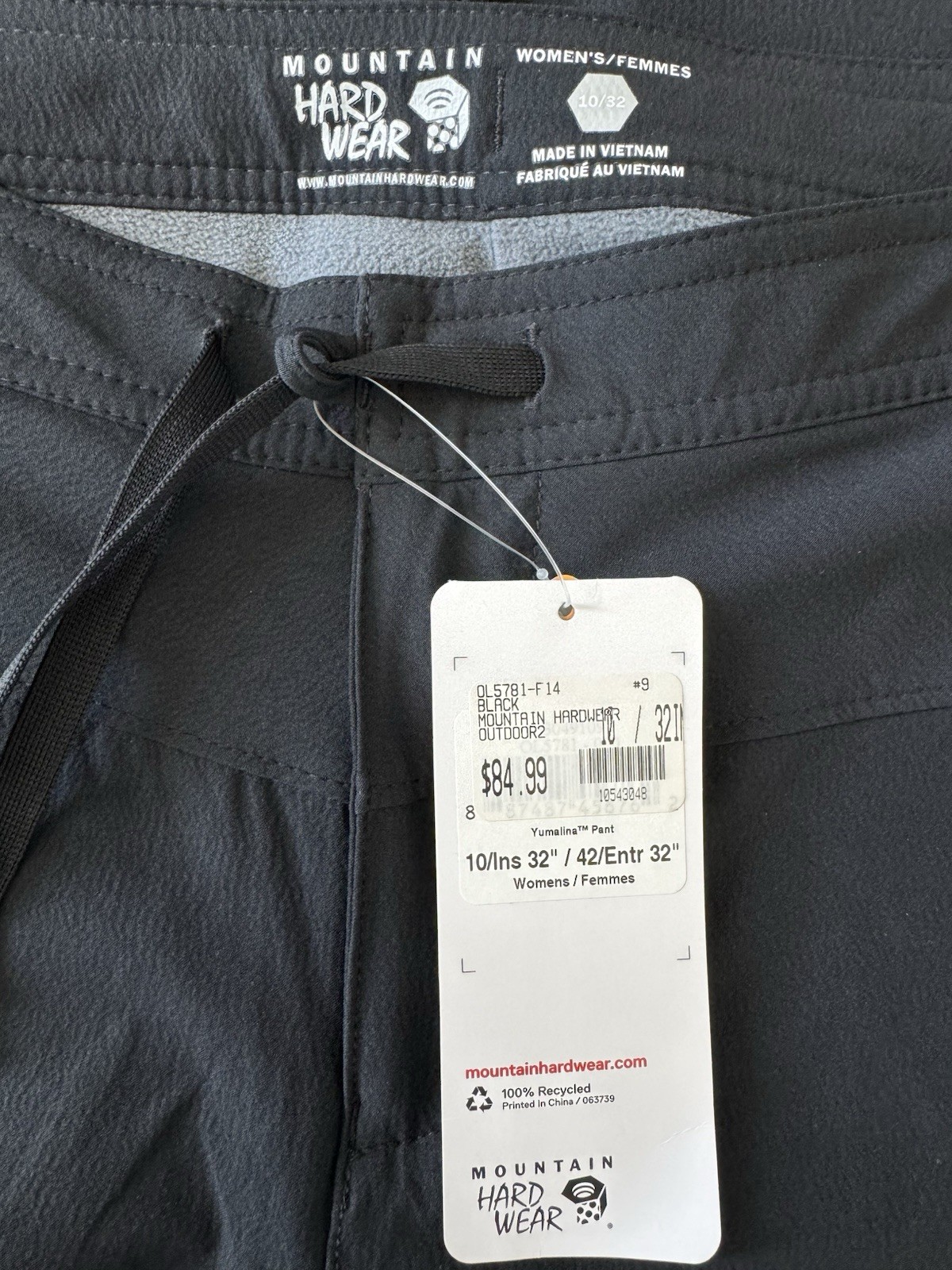 Mountain Hardwear Yumalina Pant Womens 10×32 Black Fleece Lined Softshell NWT