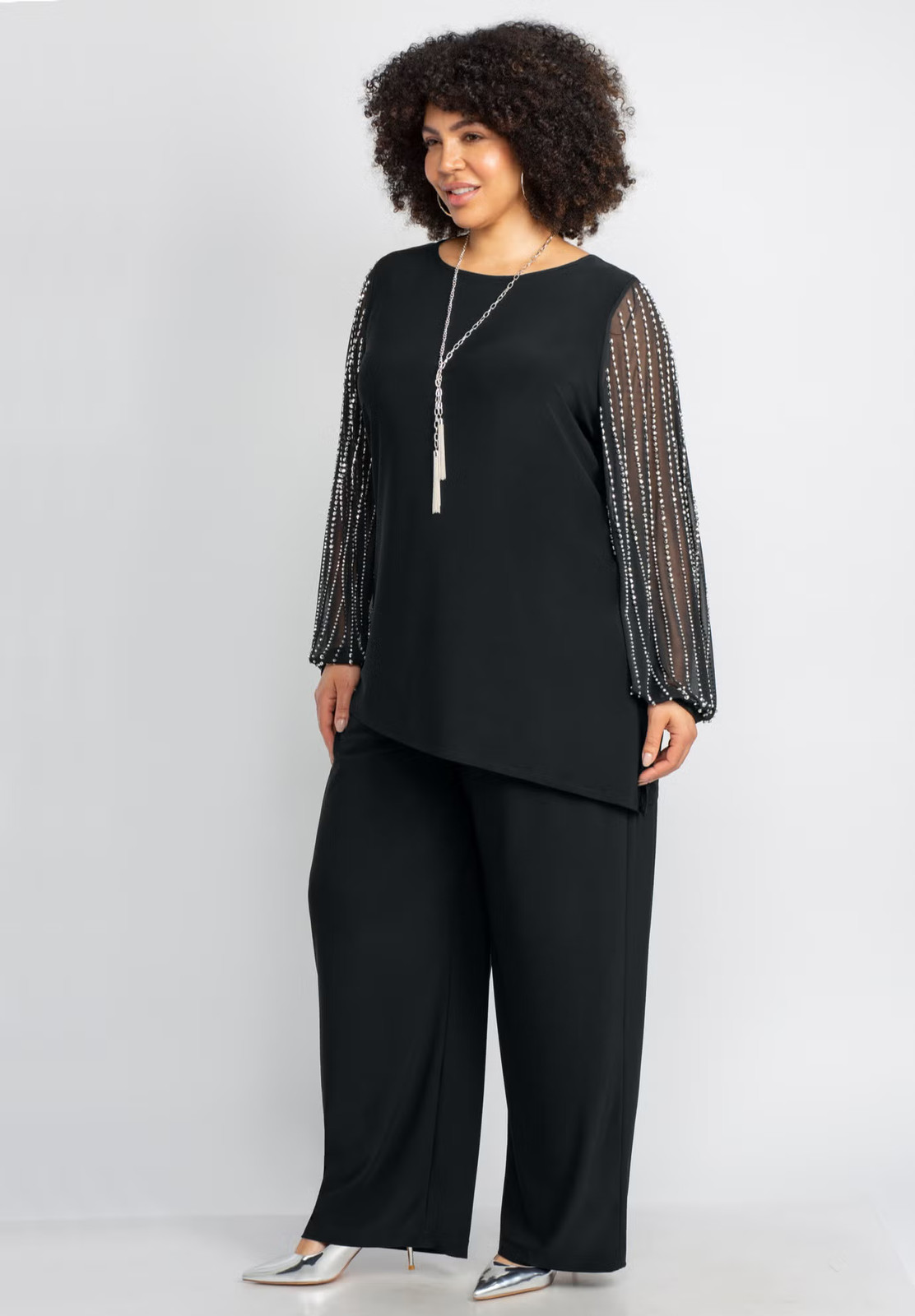 Catherines Women’s Plus Size 2-Piece Beaded Mesh Sleeve Pant Suit