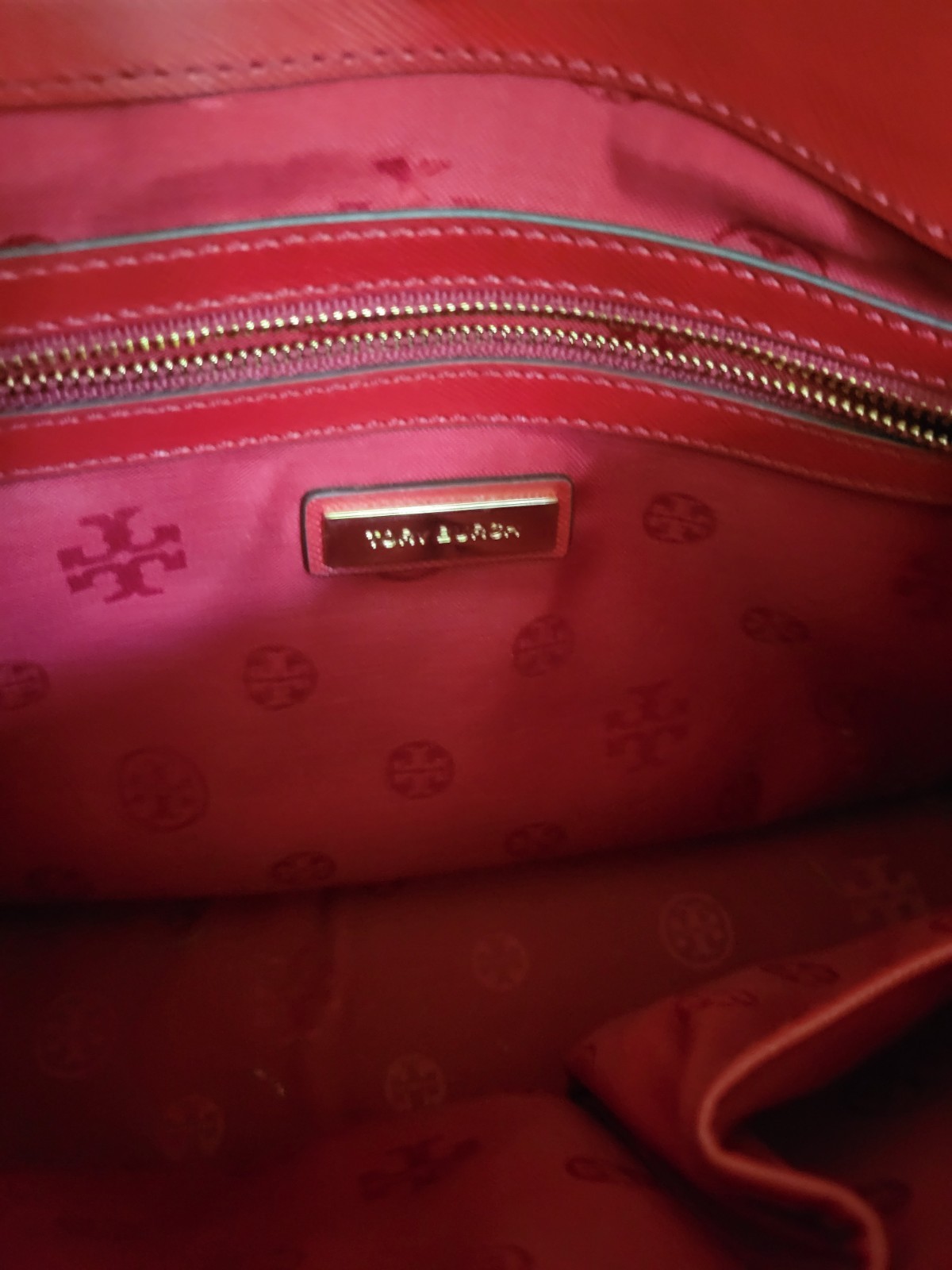 Tory Burch Robinson Double Zip Red Leather Top HandleTote Shoulder Strap Missing