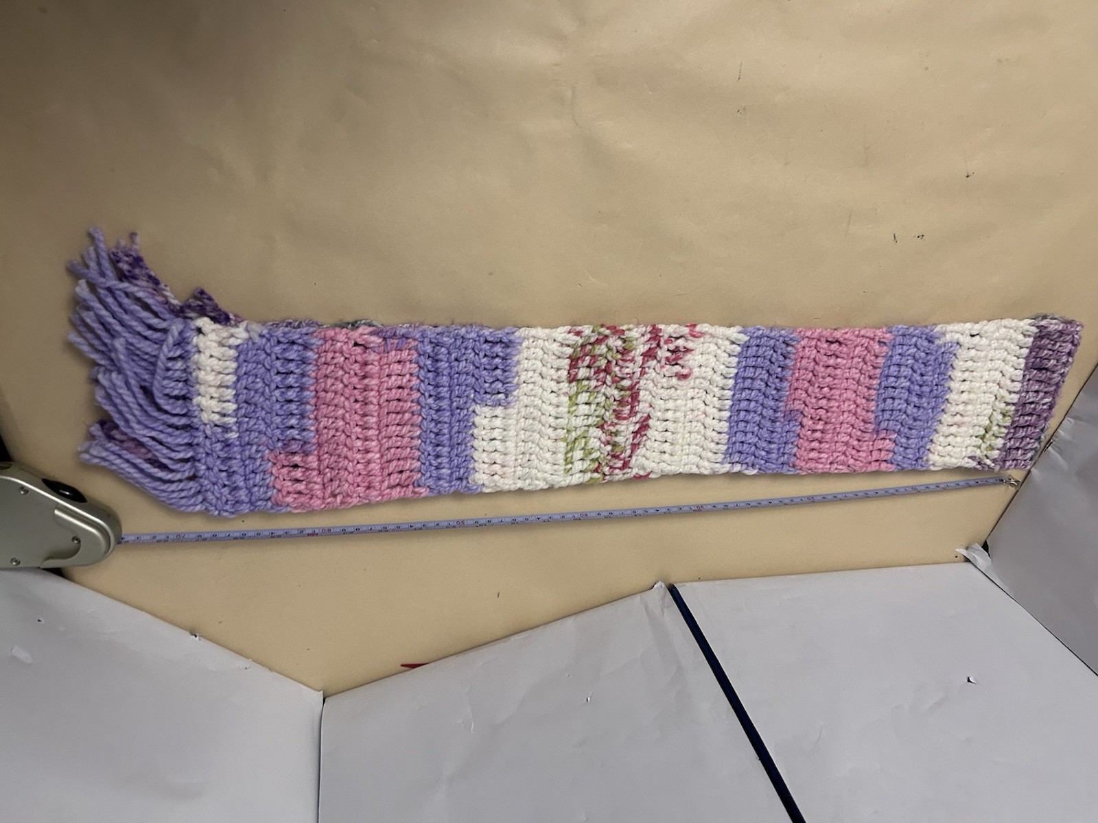 Handmade knit multicolor scarf pink/gray/white/purple