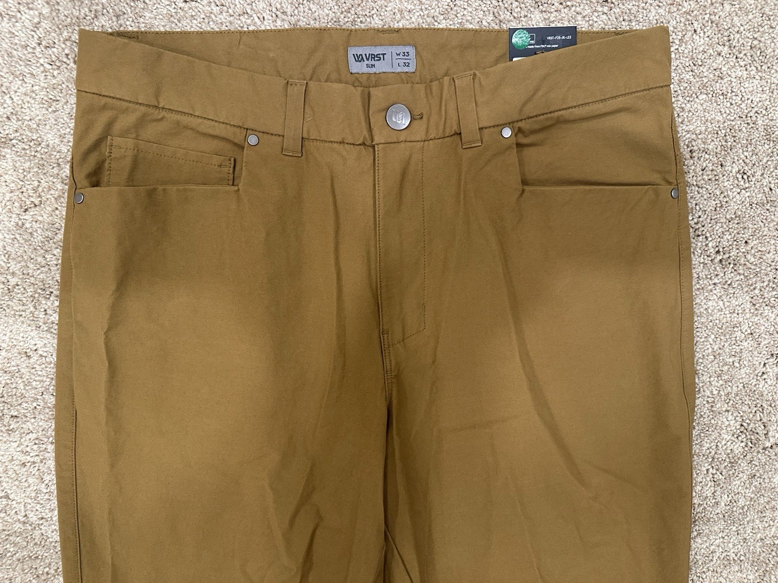 VRST Limitless Canvas 5 Pocket Pants 33×32 Slim Fit Stretch Tan Beige Khaki New