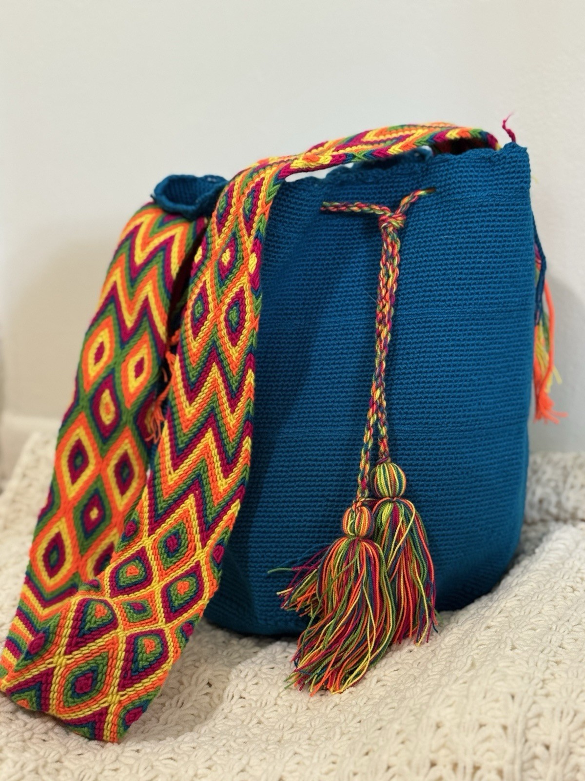 Handmade Wayuu Bag Mochila Bucket Style crochet crossbody bag.