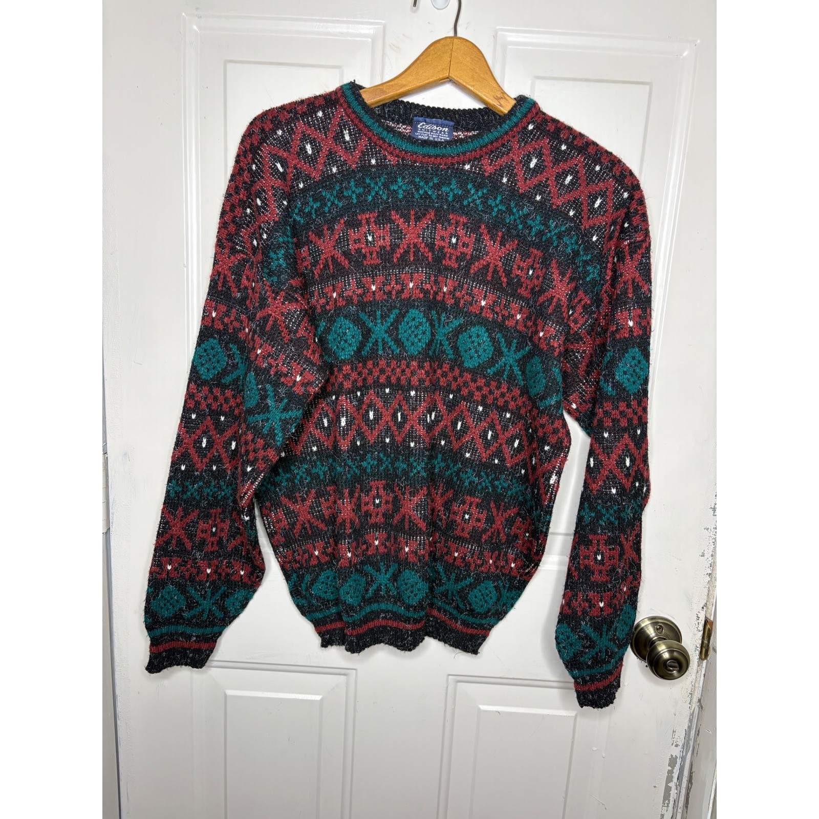 Edison Knitwear Mens Large Fair Isle Geometric Sweater Red Green Black USA