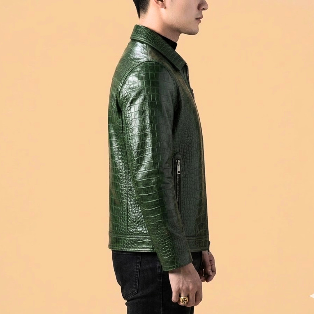 Mens Green Crocodile Leather Jacket Real Embossed Biker Luxury Coat Custom Fit