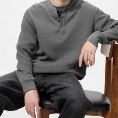 UNIQLO Waffle Henley Neck Long-Sleeve T-Shirt