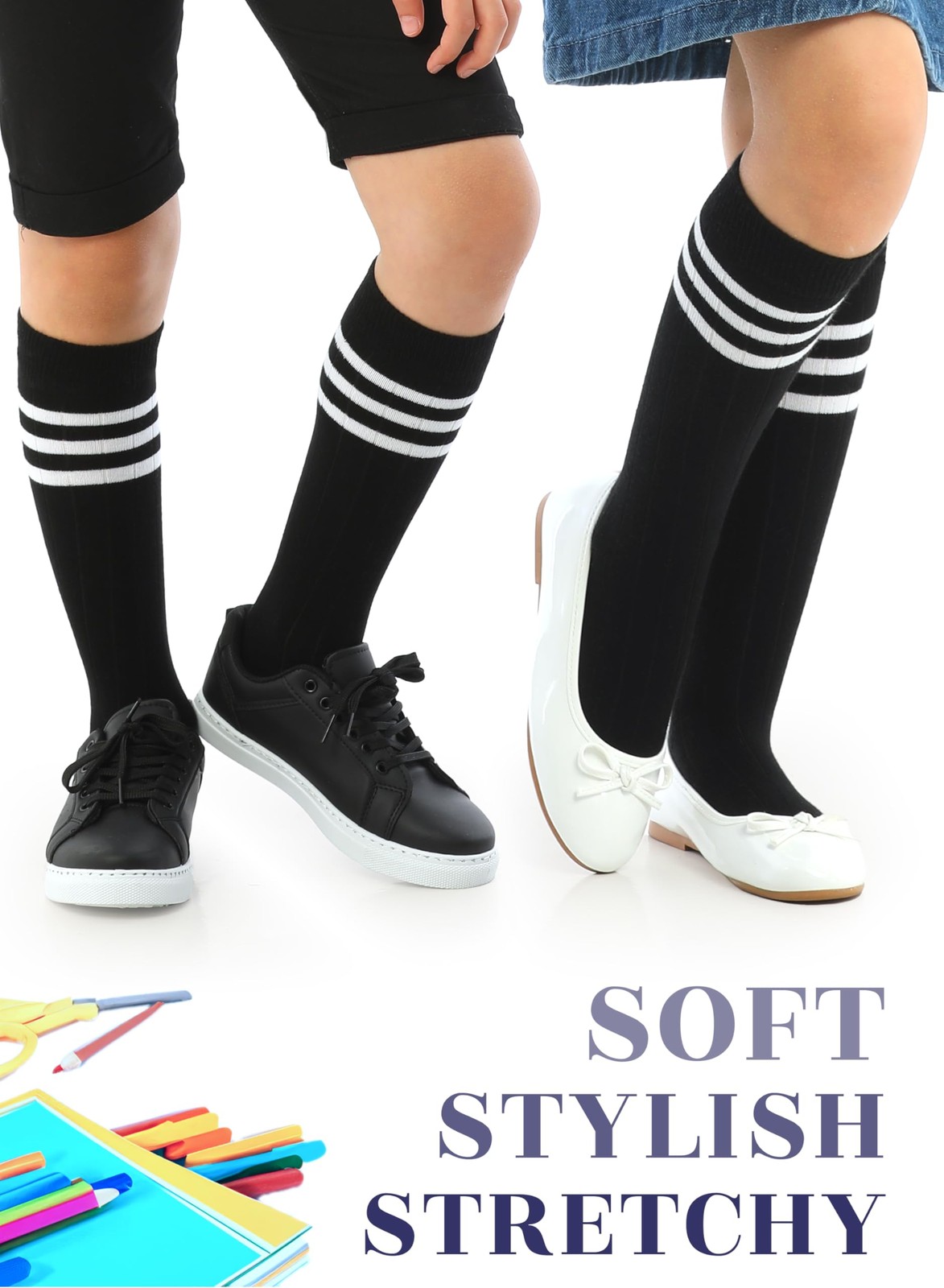 Hugh Ugoli Knee High Cotton Socks with Stripe for Girls/Boys 5-14 Years 4 Pairs