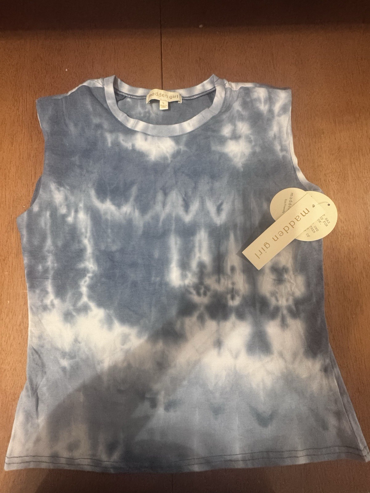 Madden Girl Tie-Dye Knit Tank Top Crew Neck Pullover Blue/White L Women