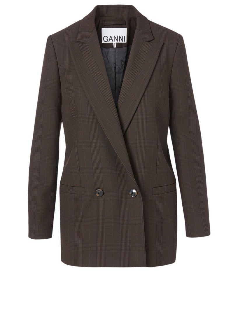 Ganni Dark Brown Double-Breasted Plaid Oversized Blazer Size 38 (Medium)