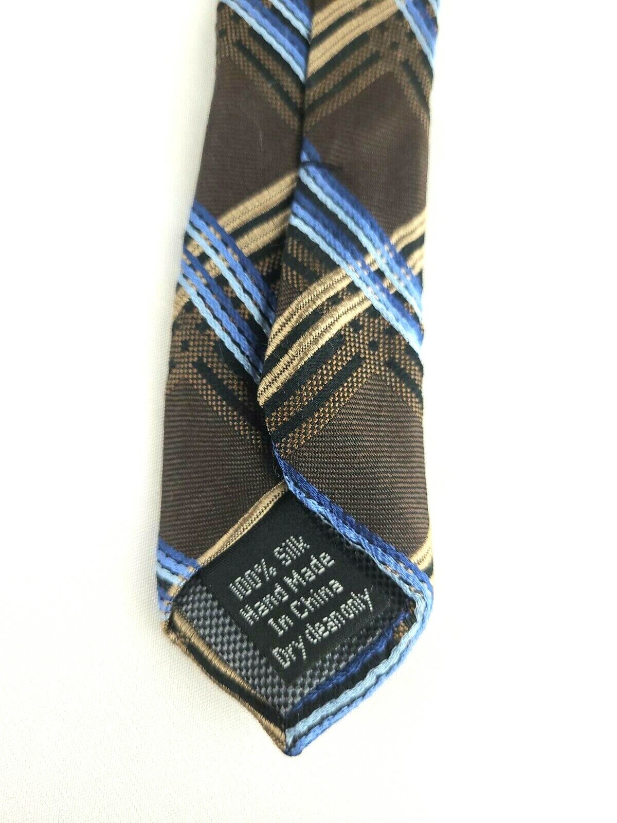 PRONTO UOMO Couture Brown Blue Tan Geometric 100% Silk Necktie Tie 3 3/4″ X 60.5