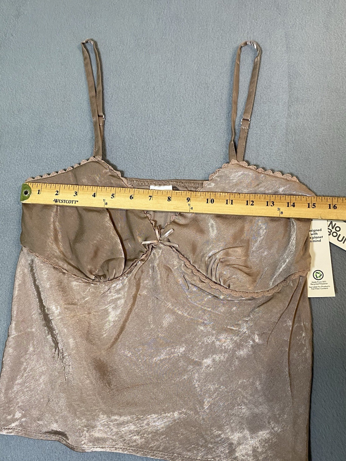 New! Satin Woven Cami In Mocha Brown Lace & Bow Detail Coquette Y2K Size L