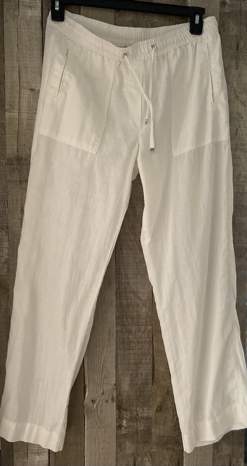Rafaella Women’s White Linen Straight Leg Pants Pockets Elastic Drawstring PM
