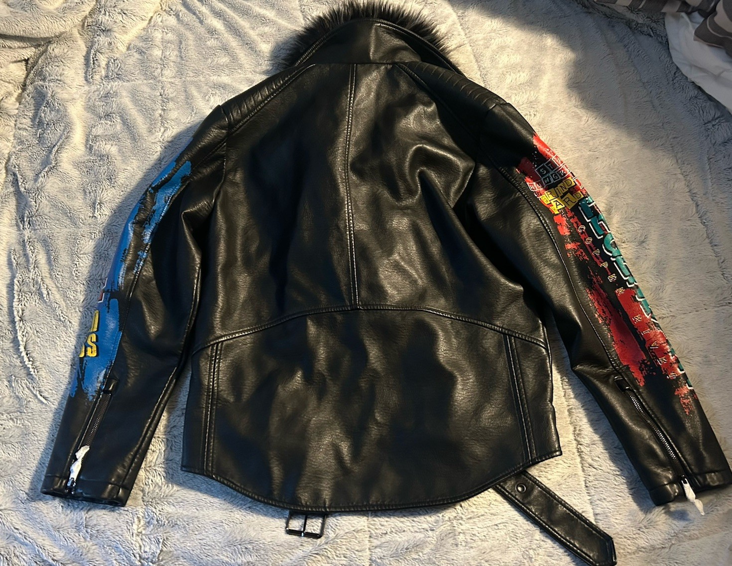 Copper Rivet Moto PU Leather Jacket Black Mens XLarge Removable Fur Graphic