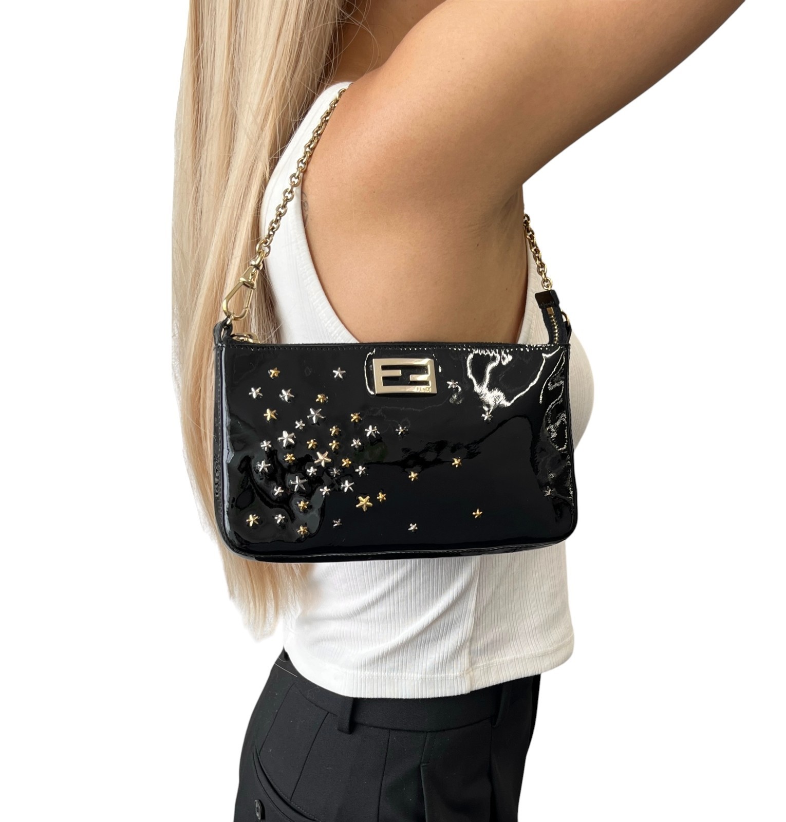 FENDI Vintage FF Logo Star Studs Mini Chain Shoulder Bag Black Gold 902276