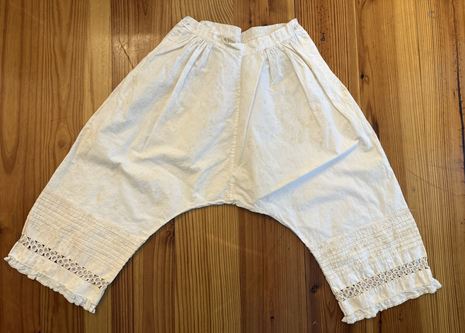 Antique Cotton Drawers Tucked Lace Ruffle Trim Tea Stains Pettipants Victorian