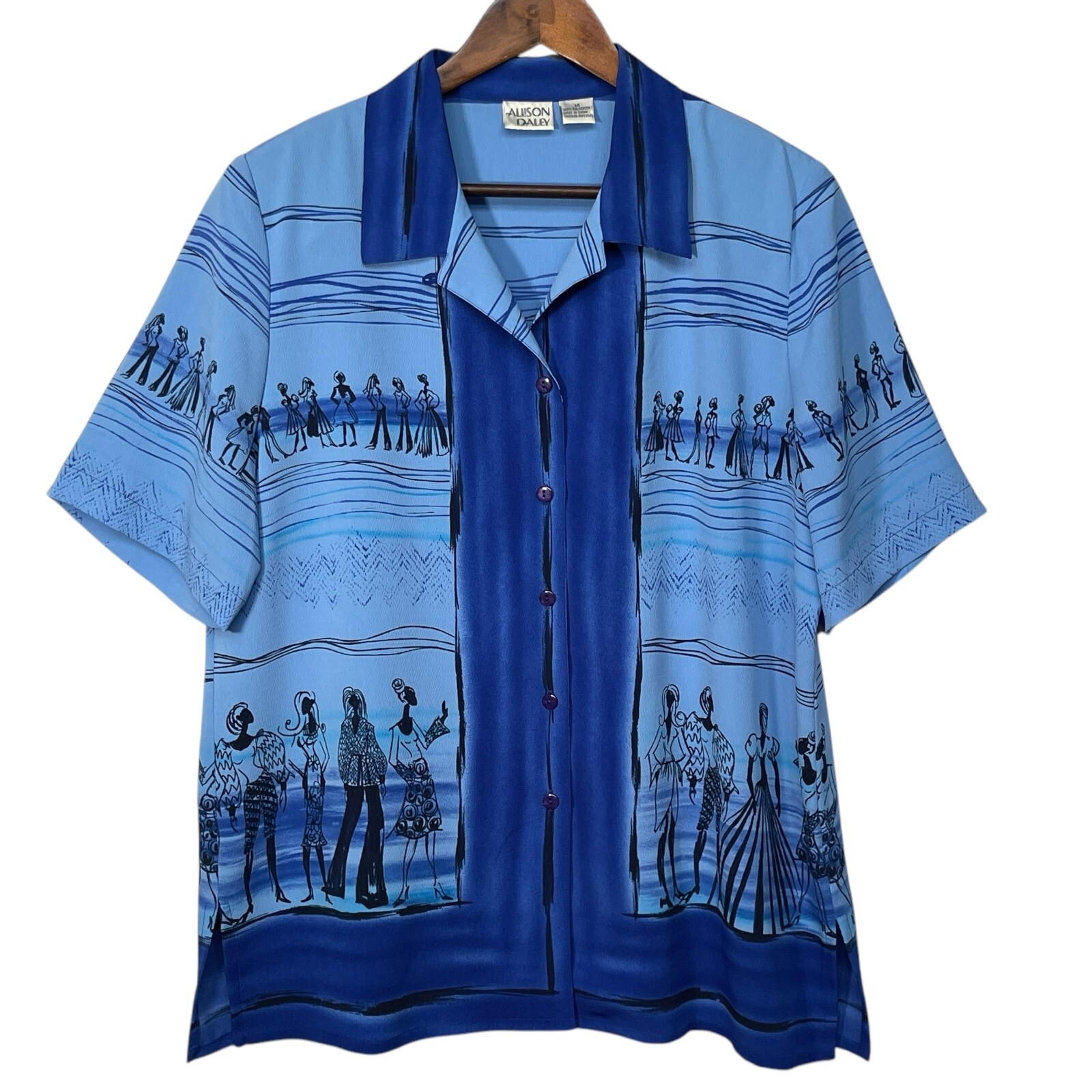 Allison Daley Women Top Size 14 Blue Print Padded Collared Short Sleeve Y2k 90s
