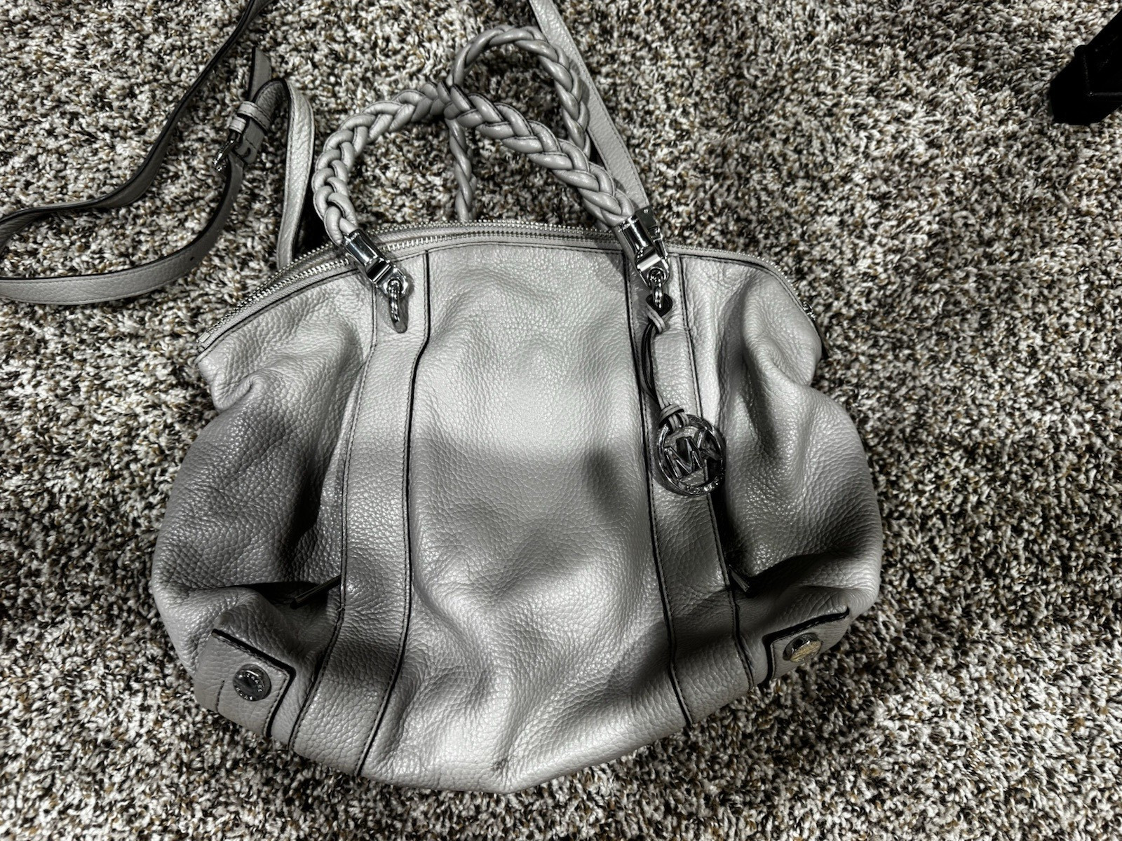 Michael Kors Gray Satchel Top Handle Bag Zip Closure Detachable Strap Logo Charm
