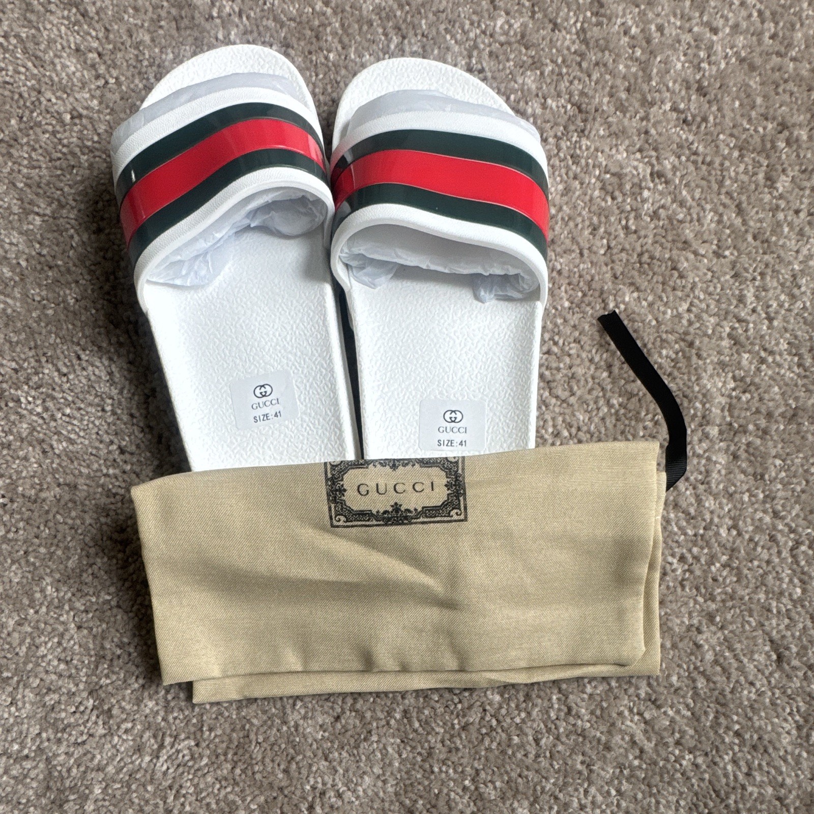 Gucci Logo Web Stripe Rubber Slide Sandals White/Red/Green Men’s US 8 EU41