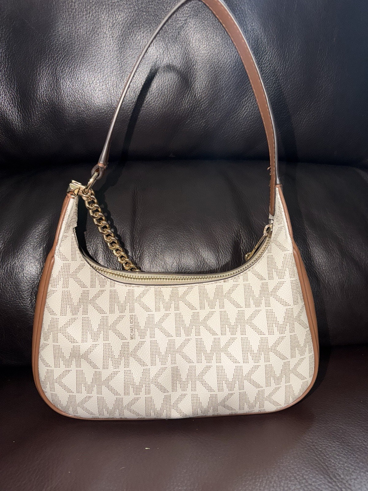 Michael Kors Logo Crescent Shoulder Bag Beige/Brown Zip Gold Chain Hardware