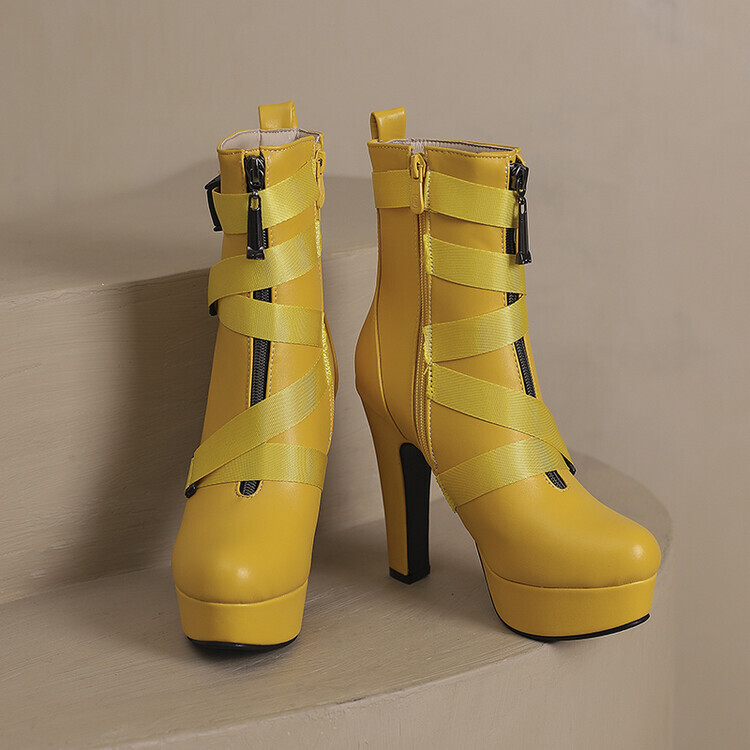 Womens Platform Faux Leather Ankle Boot Round Toe Side Zip Chunky Heels Oversize