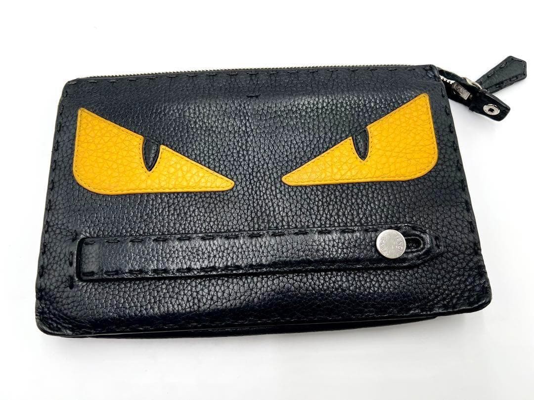Fendi Monster Bag Bugs Eye Clutch Black Yellow Selleria Leather Pouch 9.1×5.9in