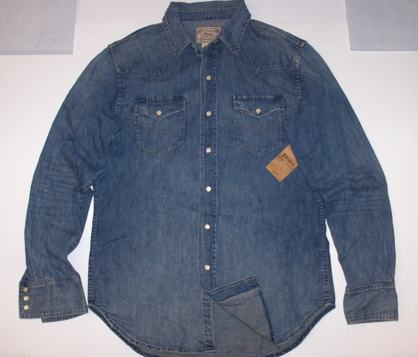 POLO RALPH LAUREN Men’s Long Sleeve Classic Fit Denim Western Snap Shirt, BLUE