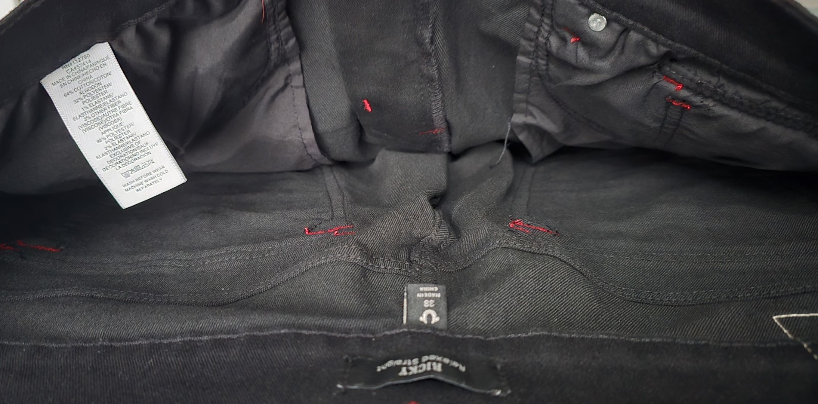 NWT True Religion Ricky Black Jeans Mens 38×30 Red Stitch Relaxed Straight Flap