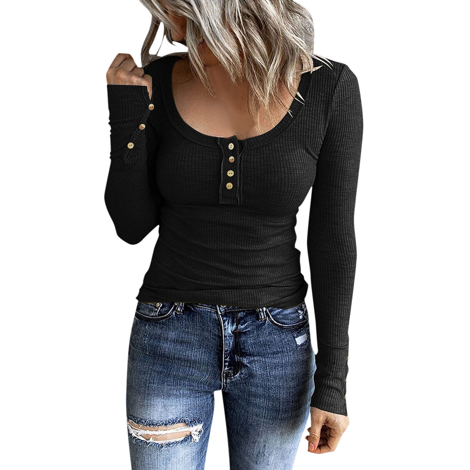 Lady Long Sleeve Henley T Shirt Button Slim Fit Top Scoop Neck Ribbed Knit Shirt