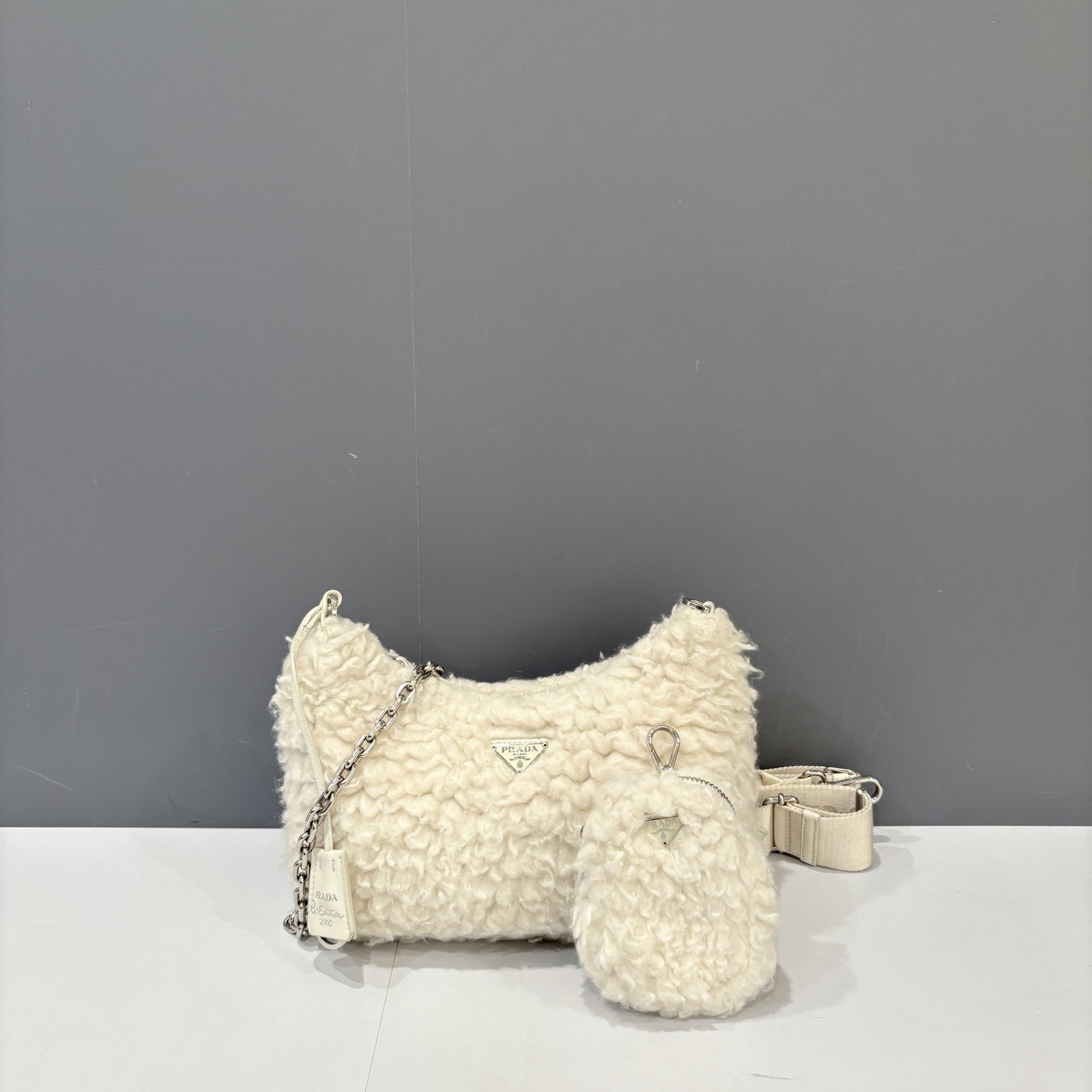 Prada Mini Re Edition 2000 Shoulder Bag White Faux Fur (ws030126c0)