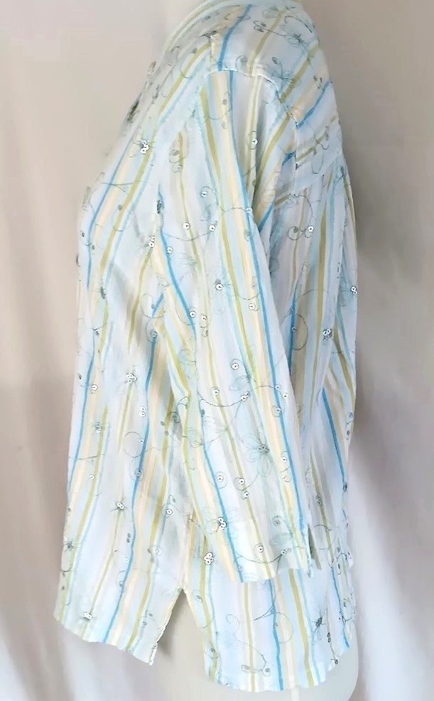 Susan Graver Style Blouse 1X Top Blue Green Pastel Stripe Embellished Sequins
